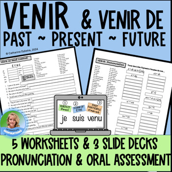 Preview of FRENCH VENIR Passé Composé Present Futur Proche - 5 Worksheets & 3 Slide Decks