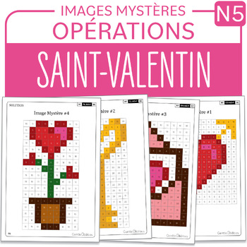 Preview of FRENCH Valentine's Day Mystery Pictures Grade 5 Saint-Valentin Multiply 1-40