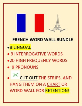 Preview of FRENCH WORD WALL BUNDLE: HANG THE BILINGUAL WORD STRIPS UP FOR RETENTION,