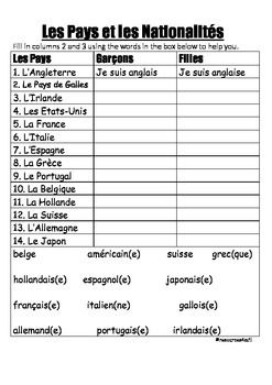 FRENCH - WORKSHEET - Les Pays et les Nationalités (Countries and ...