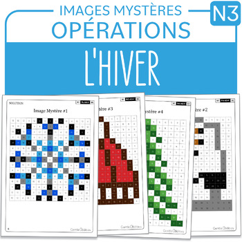 Preview of FRENCH Winter Mystery Pictures Grade 3 Hiver Multiplications Divisions 1-9