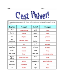 french winterhiver vocabulary worksheet and wordsearch key tpt