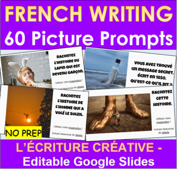 Preview of FRENCH Writing Prompts with 60 Pictures | Distance Learning | Google Slides