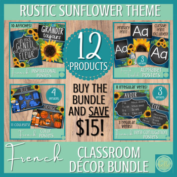 Preview of FRENCH classroom décor Bundle : Rustic Sunflowers / Décor de classe : tournesol
