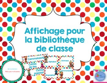 Preview of FRENCH library labels-Colourful Polka dots EDITABLE