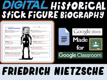 Preview of FRIEDRICH NIETZSCHE Digital Historical Stick Figure (bios) Editable Google Docs