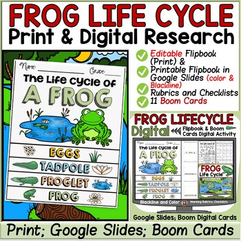 Preview of FROG LIFE CYCLE EDITABLE FLIPBOOK PRINT & DIGITAL GOOGLE SLIDES: BOOM CARDS