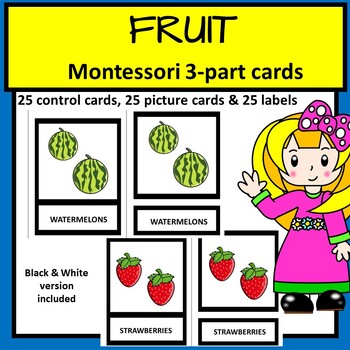Preview of FRUIT  Montessori 3-part cards with clipart/color and black & white cards
