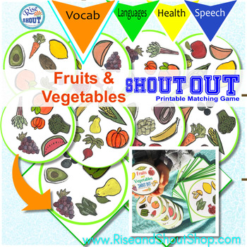 Preview of FRUITS & VEGETABLES SHOUT OUT! Spot the Match Game; vocabulary, 2 sizes/shapes