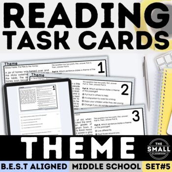 Preview of Identifying Theme Task Cards and Reading Passages Finding Theme Worksheets