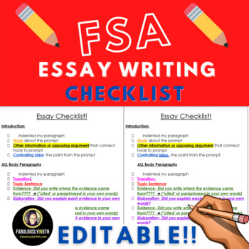Preview of FSA Writing Essay Checklist for 4th and 5th Grade EDITABLE and PAPER SAVER!