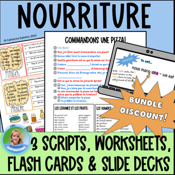 Preview of FRENCH Food Nourriture Unit: Verbs, Slide Decks, Worksheets, 3 Scripts, Puzzles