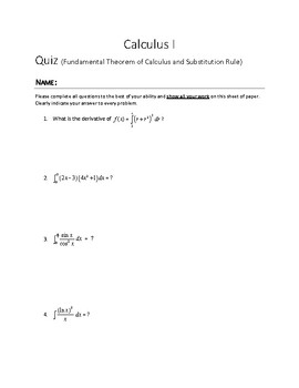 Preview of FTC and Substitution Rule Quiz