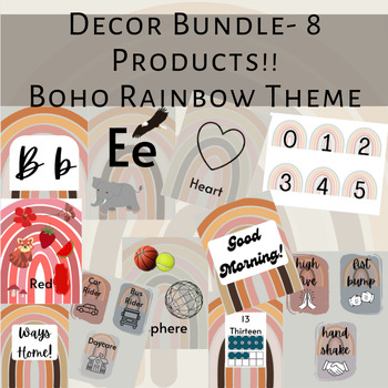 Preview of FULL BUNDLE- Boho Rainbow Theme Classroom Decor- 8 Products!!