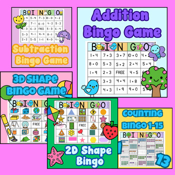 Preview of FULL MATH BINGO BUNDLE!! Counting, Addition, Subtraction, and Shapes!