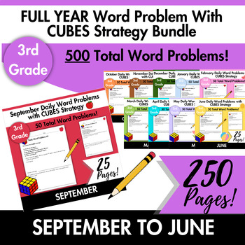 Preview of FULL YEAR Daily Word Problems with CUBES Strategy Bundle- 3rd Grade