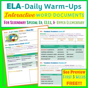 Preview of FULL YEAR - ELA Daily STARter Warm-Ups - Special Ed + ELL + Gen Ed