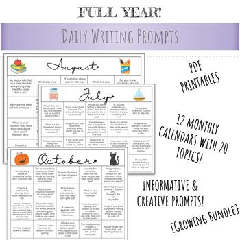 FULL YEAR Writing Journal Prompts | PDF | 20 topics each month