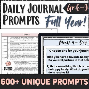 Preview of FULL YEAR of Daily Journal Writing Prompts Middle High School ELA Bell Ringers