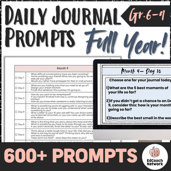 Preview of FULL YEAR of Daily Journal Writing Prompts Middle High School ELA 600+ for SEL