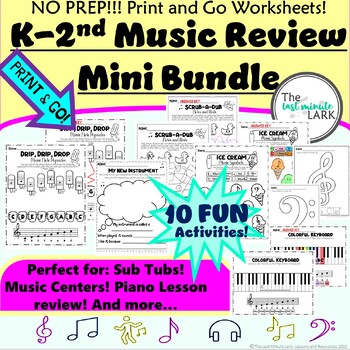Preview of FUN & CUTE! K-2nd Music Review Worksheets for Sub, Piano lesson, Homeschool,etc!