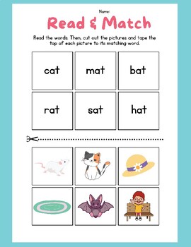 Preview of FUN CVC Word Family AT Worksheet Lift Flap Phonics Read Cut Paste Words Families