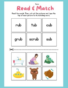Preview of FUN CVC Word Family UB Worksheet Lift Flap Phonics Read Cut Paste Words Families