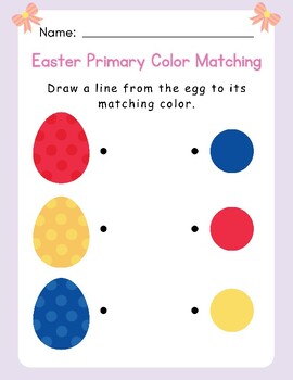 Preview of FUN! Easter Egg Primary Color Matching Worksheet Draw Line Match Red Blue Yellow