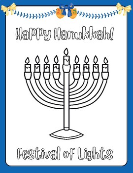 Preview of FUN Festival of Lights Menorah Happy Hanukkah Coloring Sheet Printable Page CUTE