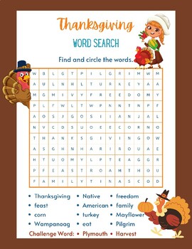 Preview of FUN! First Thanksgiving Word Search Find & Circle History Words Pilgrim Turkey