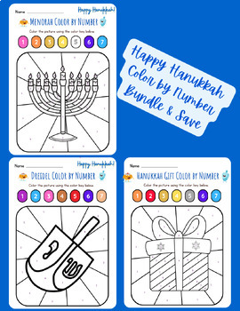 Preview of FUN! Happy Hanukkah Color by Number Math Worksheets Menorah Dreidel Present Gift