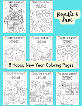 Preview of FUN! 8 Happy New Year Coloring Sheets Bundle Printable New Years Color Page Set