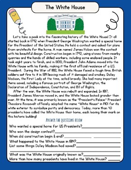 Preview of FUN History of the White House Reading Comprehension Worksheet Q & A US History