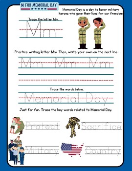 Preview of FUN Letter M is for Memorial Day Print Handwriting Practice Holiday Key Words