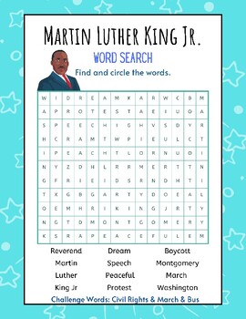 Preview of FUN Martin Luther King Jr. Word Search MLK Day Challenge Words History Worksheet