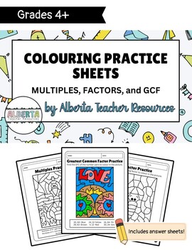 Preview of FUN Math Practice Coloring Sheets Multiples, Factors, GCF Alberta New Curriculum