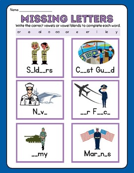 Preview of FUN Memorial Day Military ELA Fill in the Missing Letter Vowel Blends Worksheet