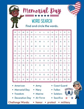 Preview of FUN Memorial Day Word Search Find Circle History Key Words Printable Worksheet