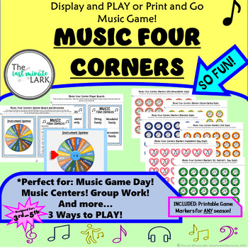 Preview of FUN Music Four Corners GAME!! 3rd-5th, PPT, Class Game Day, Centers, Sub & More!