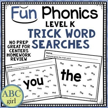 Preview of FUN PHONICS Kindergarten Trick Word or Sight Word Searches