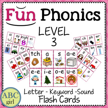 Preview of FUN PHONICS Level 3 Letter  Keyword  Sound Flash Cards