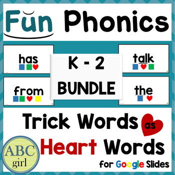 Preview of FUN Phonics Trick Words as Heart Words  K to 2 Sight Word Google Slide Bundle 