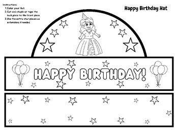 Preview of FUN Printable Happy Birthday Hat Craft CUTE Princess Arts Crafts Coloring Cake