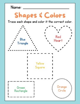 Preview of FUN Trace the Shapes Color Recognition Worksheet Pre-K CUTE TK Kinder Primary