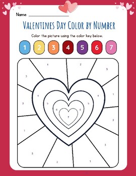 Preview of FUN Valentine's Day Heart Color by Number Worksheet Printable Pre-K CUTE K-5