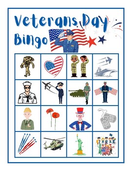 Preview of FUN Veterans Day Bingo Game Printable Activity 30 cards + calling sheet Military