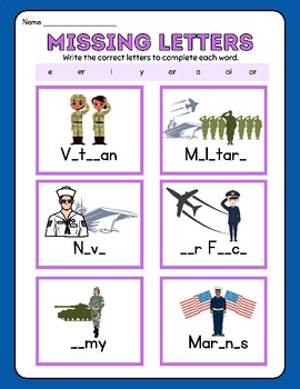 Preview of FUN! Veterans Day Fill in Missing Letter Phonics Spelling Practice Worksheets
