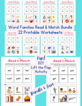 Preview of FUN Word Families 22 Worksheet Bundle Lift the Flap Phonics Activity Reading ELA
