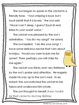 Fable Freebie The Owl and The Cricket by Jan Gervais | TpT