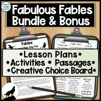 Preview of Fable Literacy Activities, Passages, Lesson Plan, Choice Board with Bonus Bundle